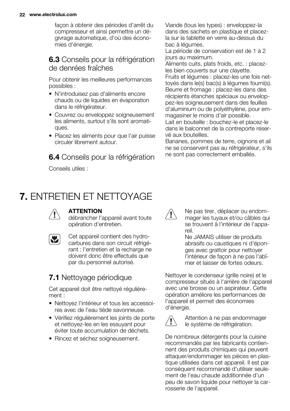Entretien et nettoyage, 4 conseils pour la réfrigération, 1 nettoyage périodique | Electrolux ERG1401FOW User Manual | Page 22 / 44