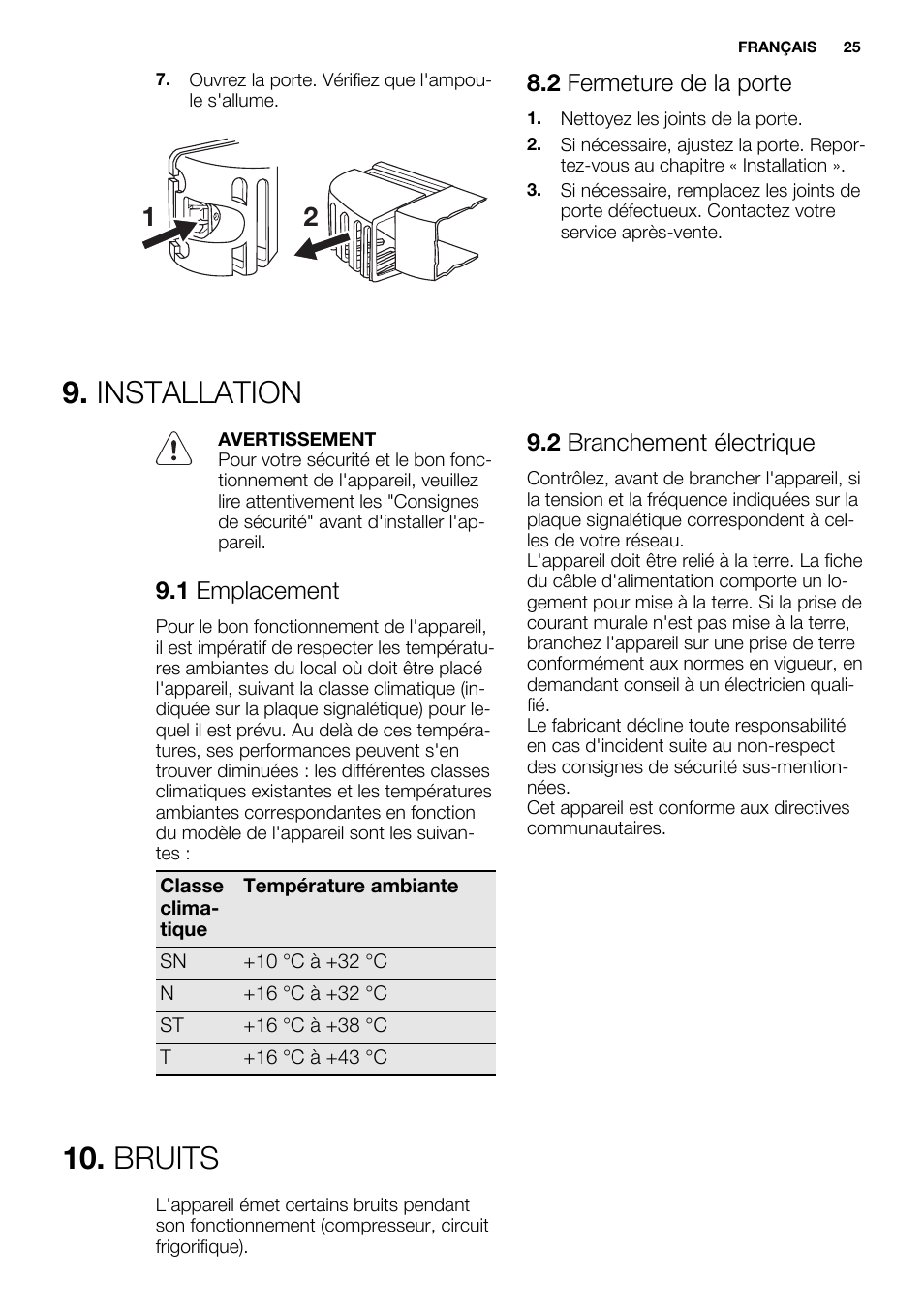 Installation, Bruits | Electrolux ERG1401FOW User Manual | Page 25 / 44