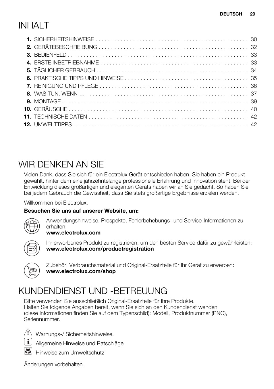 Inhalt, Wir denken an sie, Kundendienst und -betreuung | Electrolux ERG1401FOW User Manual | Page 29 / 44