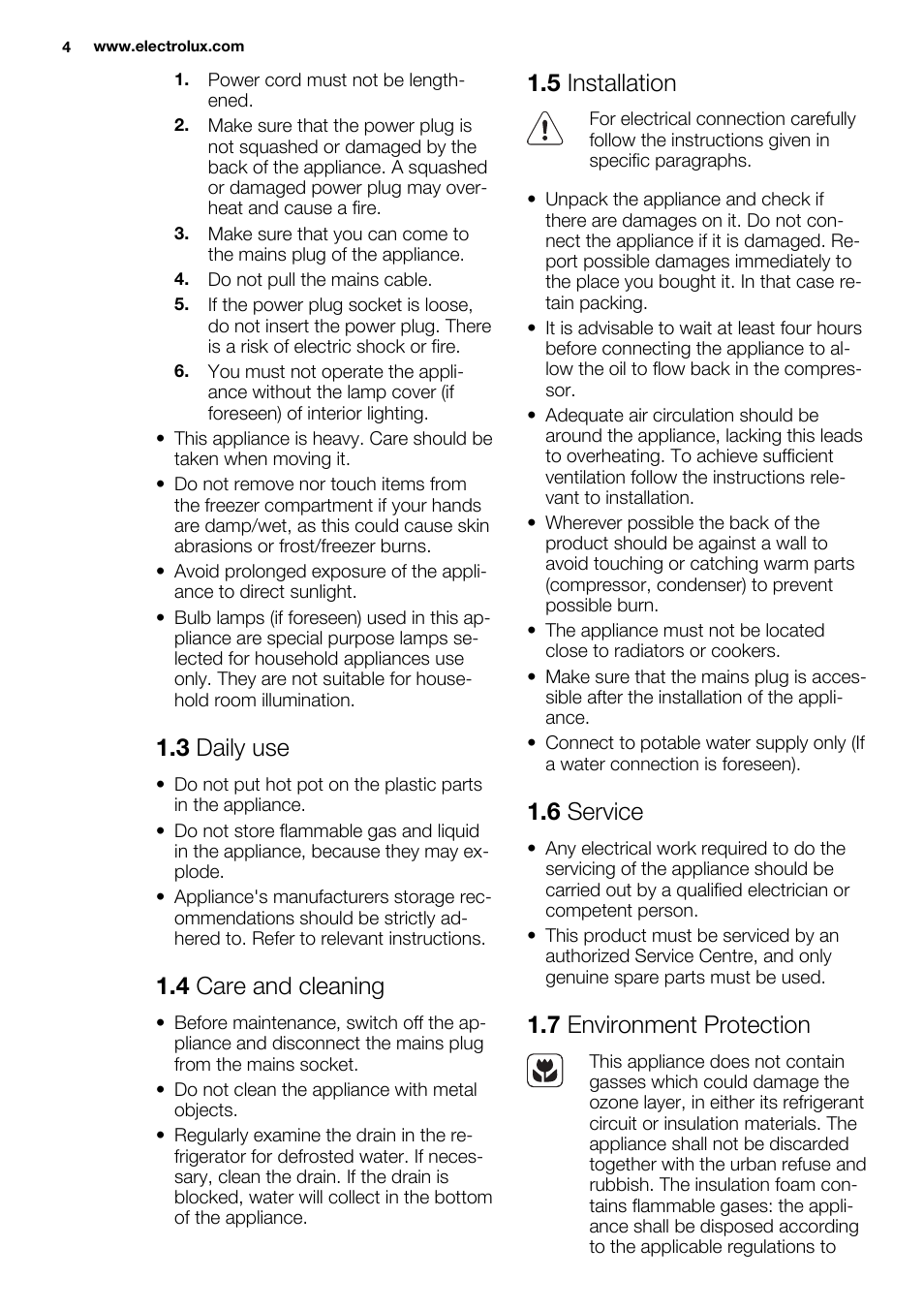3 daily use, 4 care and cleaning, 5 installation | 6 service, 7 environment protection | Electrolux ERG1401FOW User Manual | Page 4 / 44