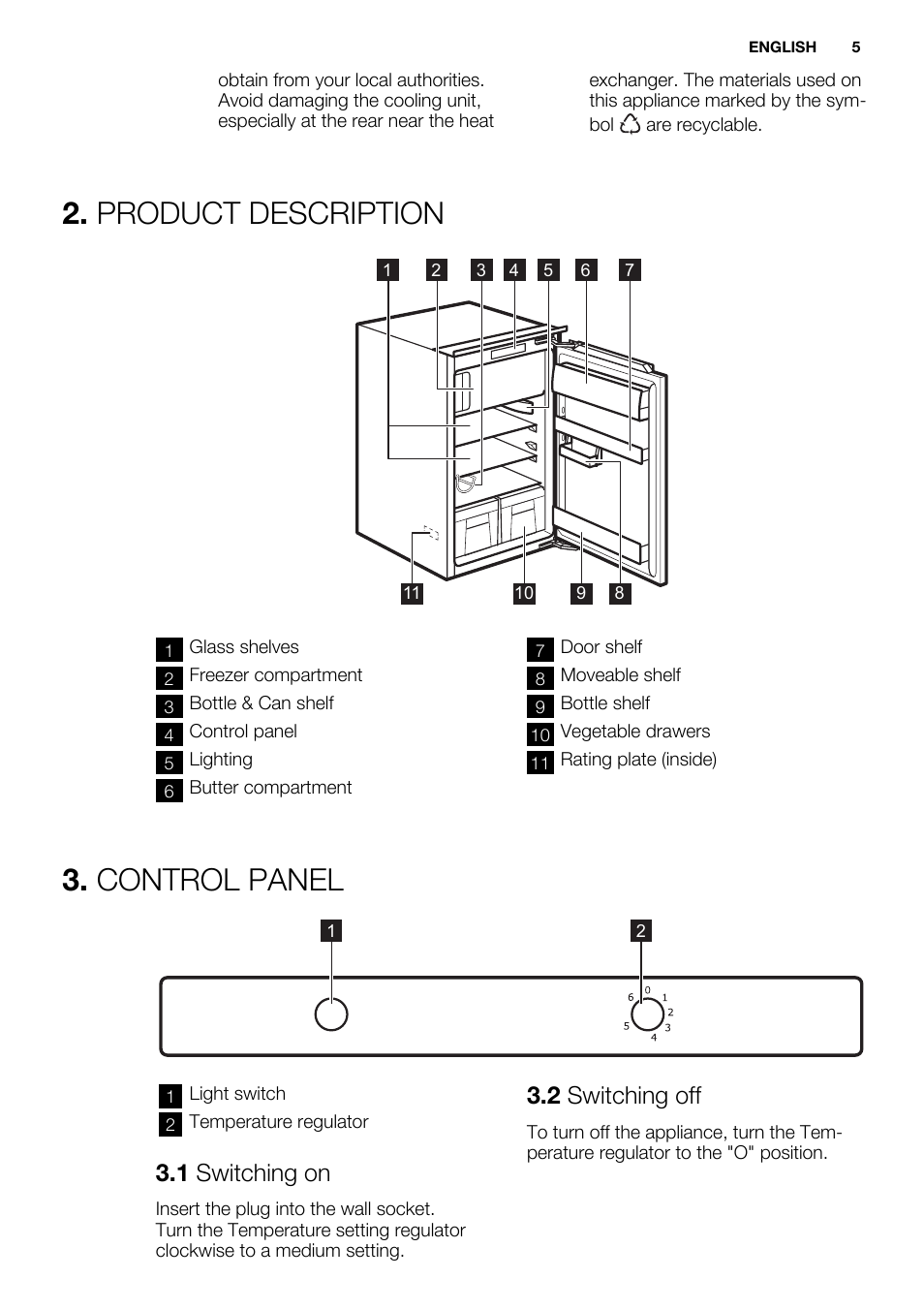Product description, Control panel, 1 switching on | 2 switching off | Electrolux ERG1401FOW User Manual | Page 5 / 44