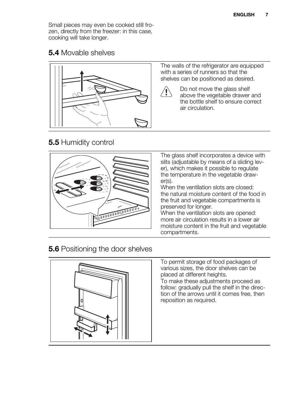 4 movable shelves, 5 humidity control, 6 positioning the door shelves | Electrolux ERG1401FOW User Manual | Page 7 / 44