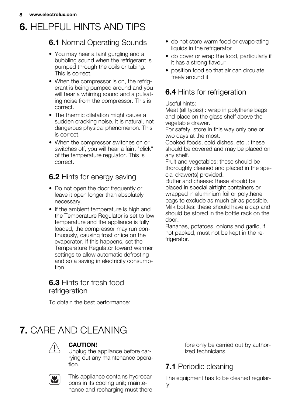 Helpful hints and tips, Care and cleaning, 1 normal operating sounds | 2 hints for energy saving, 3 hints for fresh food refrigeration, 4 hints for refrigeration, 1 periodic cleaning | Electrolux ERG1401FOW User Manual | Page 8 / 44
