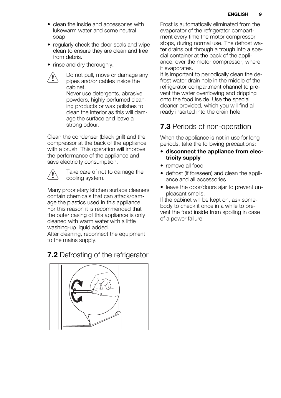 2 defrosting of the refrigerator, 3 periods of non-operation | Electrolux ERG1401FOW User Manual | Page 9 / 44