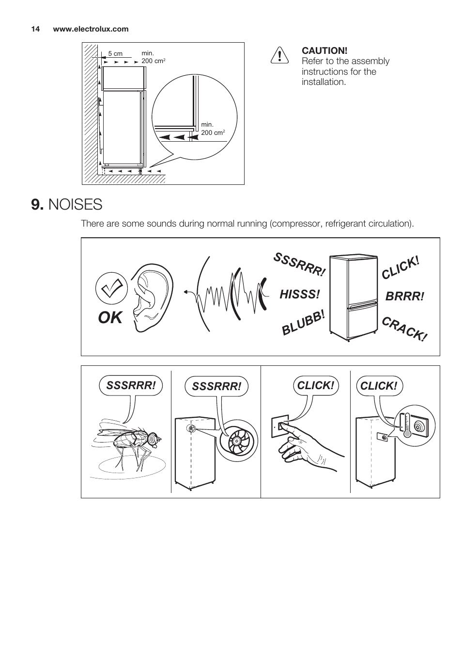 Noises, Brrr, Hisss! cl ic k! bl ub b! cr ac k! sssr r | Electrolux ERN2201FOW User Manual | Page 14 / 68