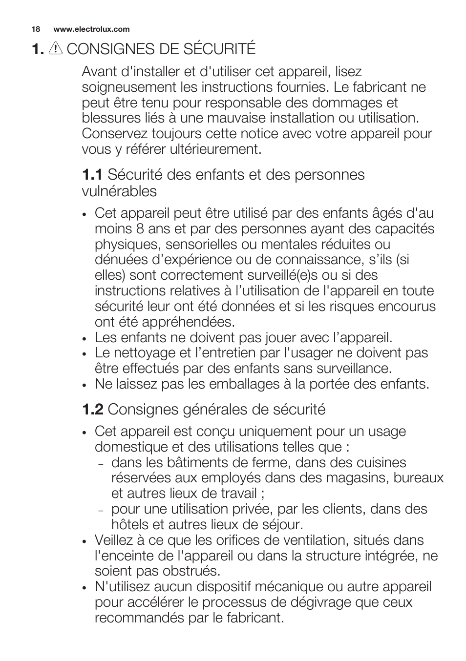 Consignes de sécurité, 2 consignes générales de sécurité | Electrolux ERN2201FOW User Manual | Page 18 / 68