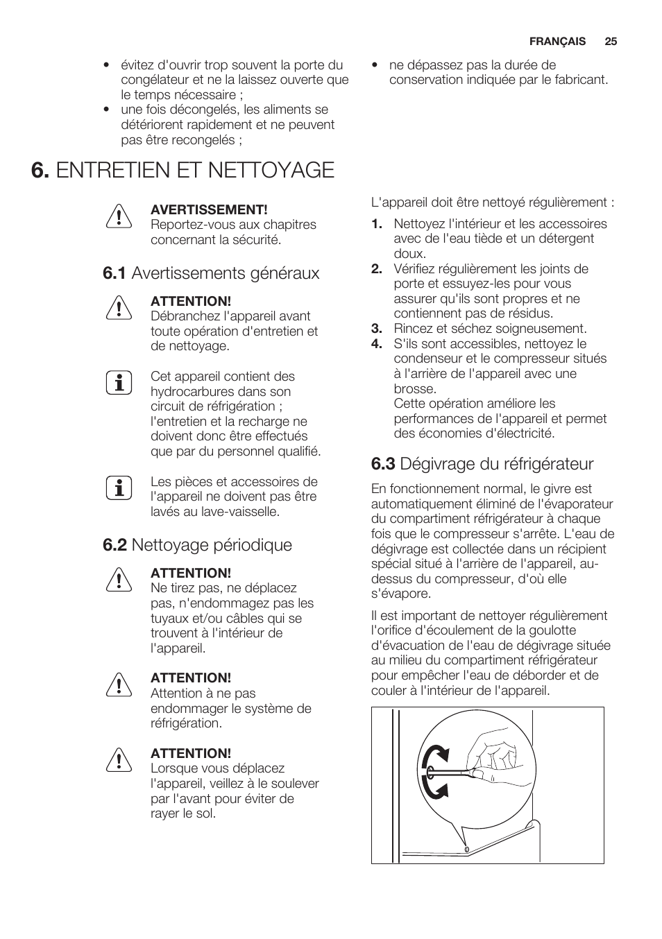 Entretien et nettoyage, 1 avertissements généraux, 2 nettoyage périodique | 3 dégivrage du réfrigérateur | Electrolux ERN2201FOW User Manual | Page 25 / 68