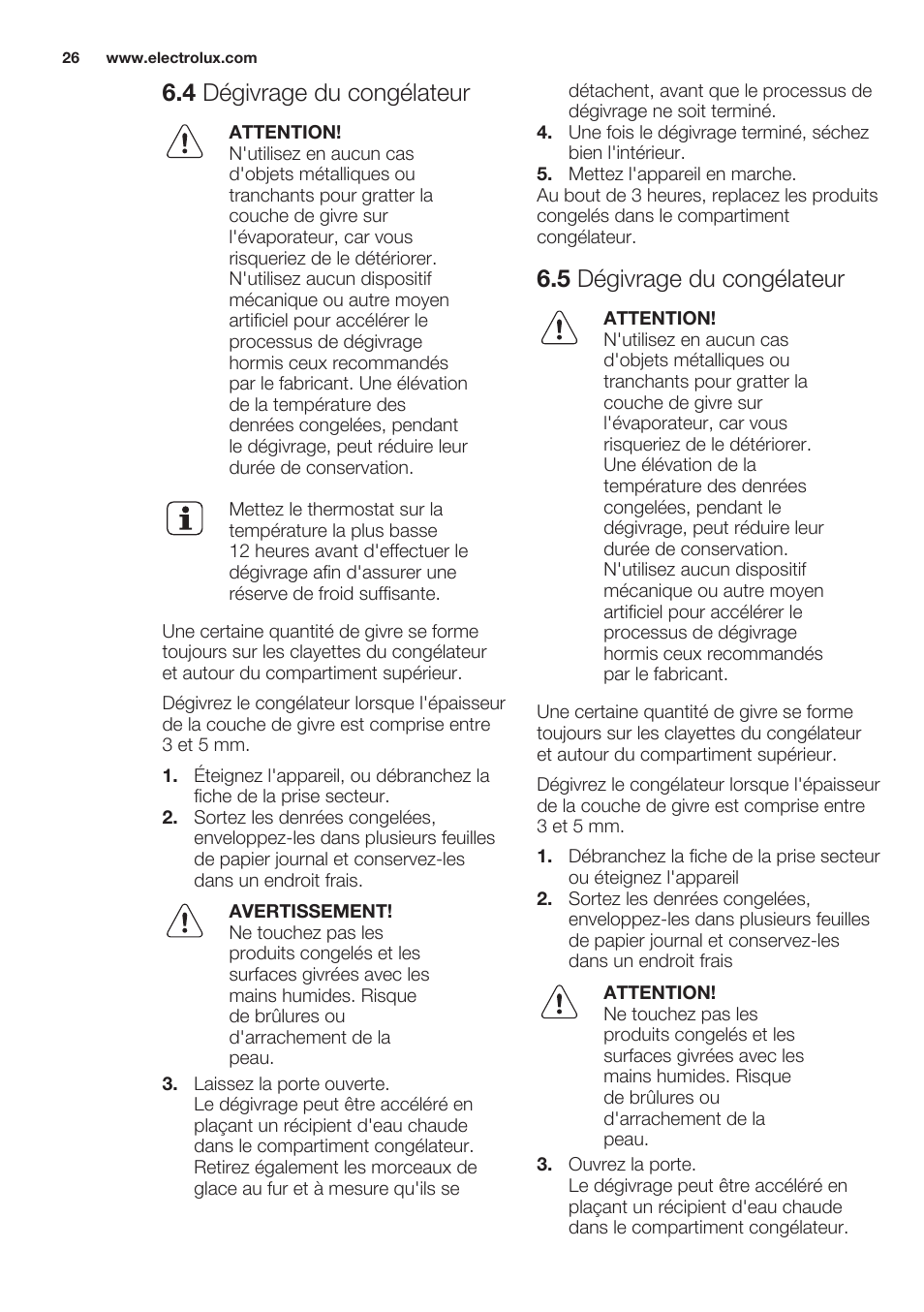 4 dégivrage du congélateur, 5 dégivrage du congélateur | Electrolux ERN2201FOW User Manual | Page 26 / 68