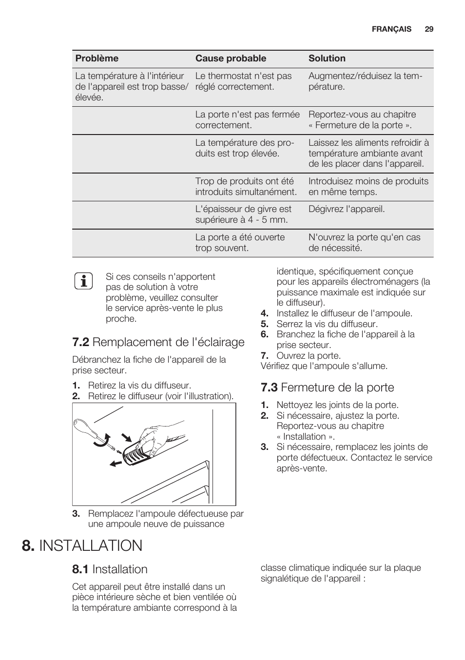 2 remplacement de l'éclairage, 3 fermeture de la porte, Installation | 1 installation | Electrolux ERN2201FOW User Manual | Page 29 / 68