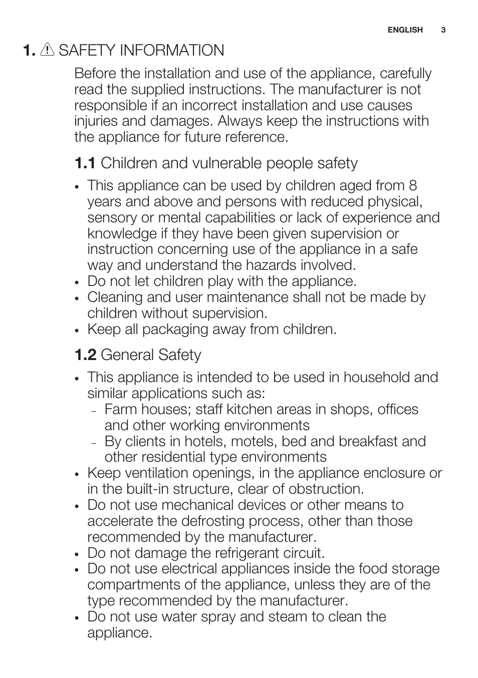 Safety information, 1 children and vulnerable people safety, 2 general safety | Electrolux ERN2201FOW User Manual | Page 3 / 68