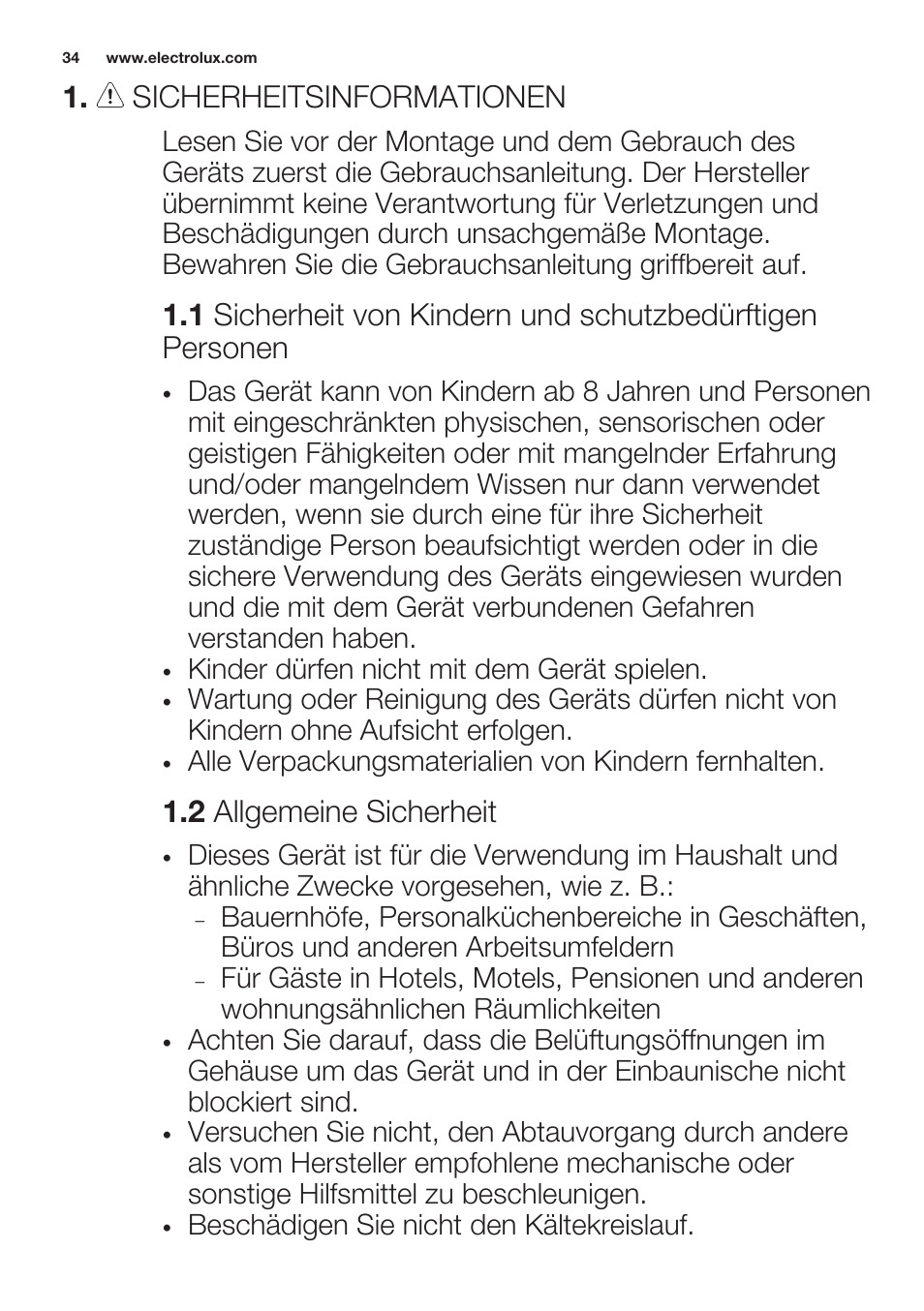 Sicherheitsinformationen, 2 allgemeine sicherheit | Electrolux ERN2201FOW User Manual | Page 34 / 68