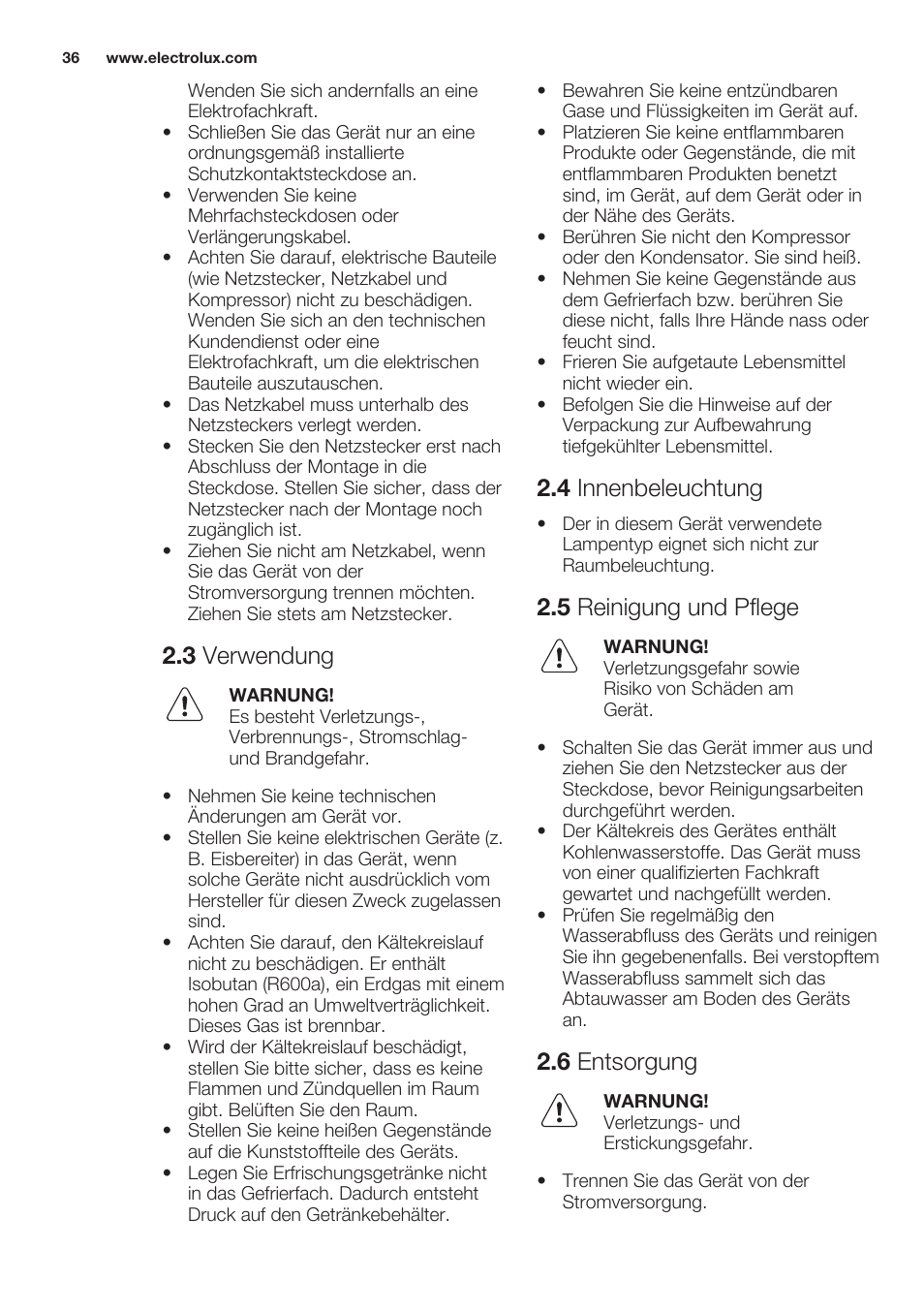 3 verwendung, 4 innenbeleuchtung, 5 reinigung und pflege | 6 entsorgung | Electrolux ERN2201FOW User Manual | Page 36 / 68