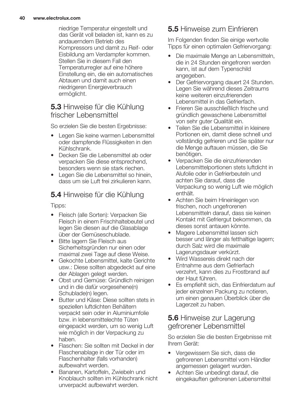 3 hinweise für die kühlung frischer lebensmittel, 4 hinweise für die kühlung, 5 hinweise zum einfrieren | 6 hinweise zur lagerung gefrorener lebensmittel | Electrolux ERN2201FOW User Manual | Page 40 / 68