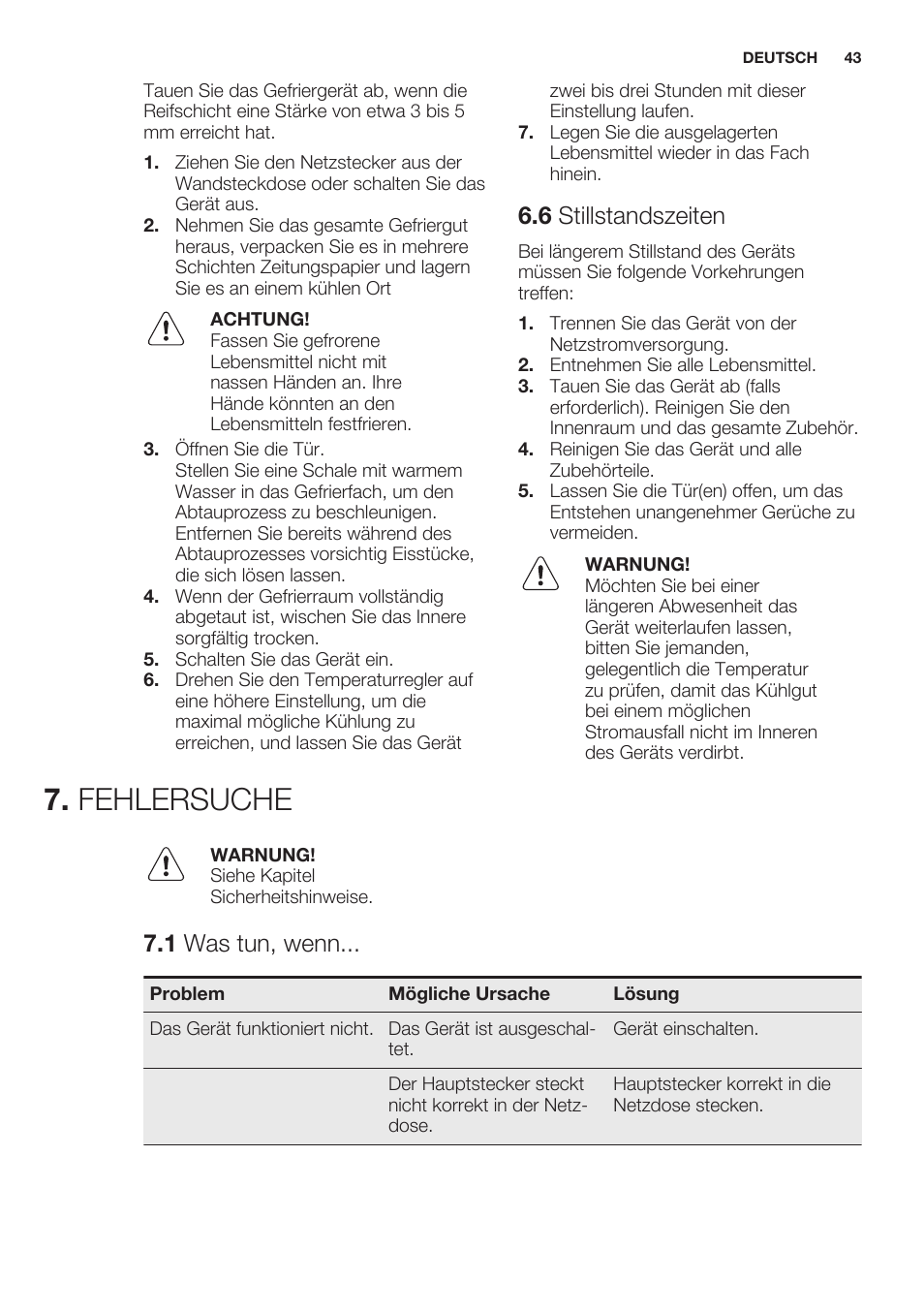 6 stillstandszeiten, Fehlersuche, 1 was tun, wenn | Electrolux ERN2201FOW User Manual | Page 43 / 68