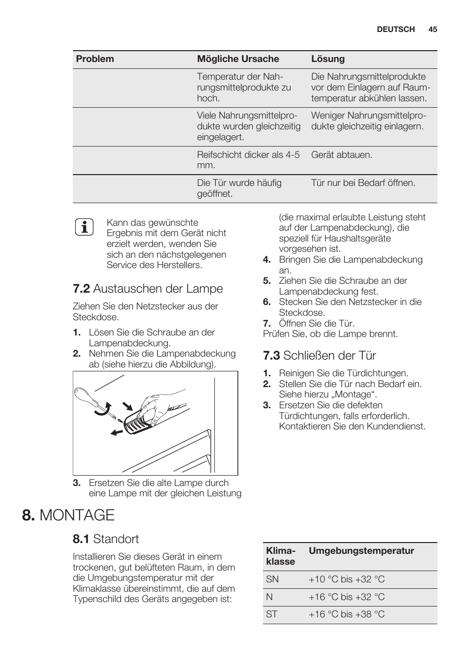 2 austauschen der lampe, 3 schließen der tür, Montage | 1 standort | Electrolux ERN2201FOW User Manual | Page 45 / 68