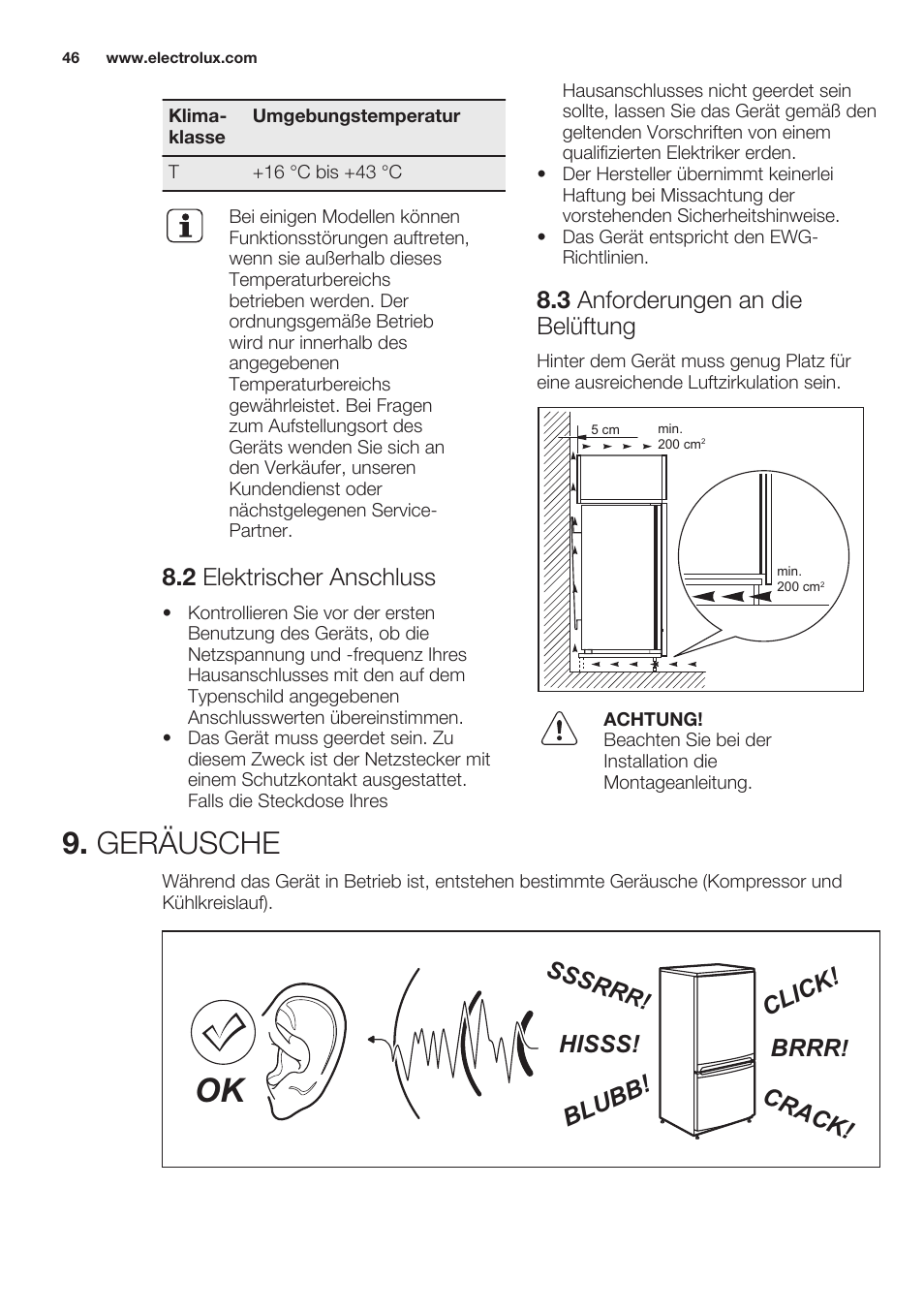 2 elektrischer anschluss, 3 anforderungen an die belüftung, Geräusche | Brrr, Hisss! cl ic k! bl ub b! cr ac k! sssr r | Electrolux ERN2201FOW User Manual | Page 46 / 68