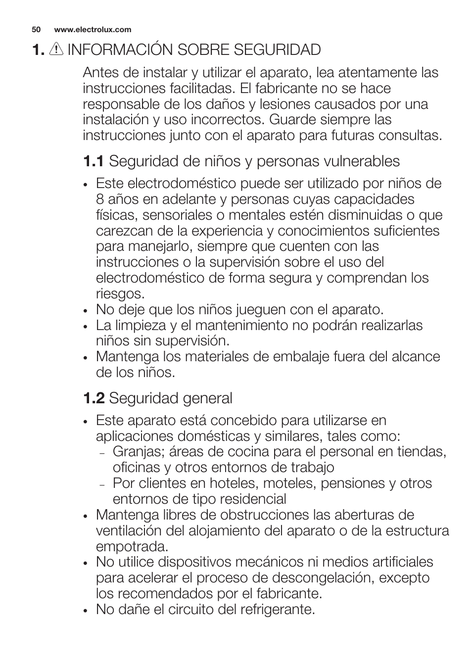 Información sobre seguridad, 1 seguridad de niños y personas vulnerables, 2 seguridad general | Electrolux ERN2201FOW User Manual | Page 50 / 68