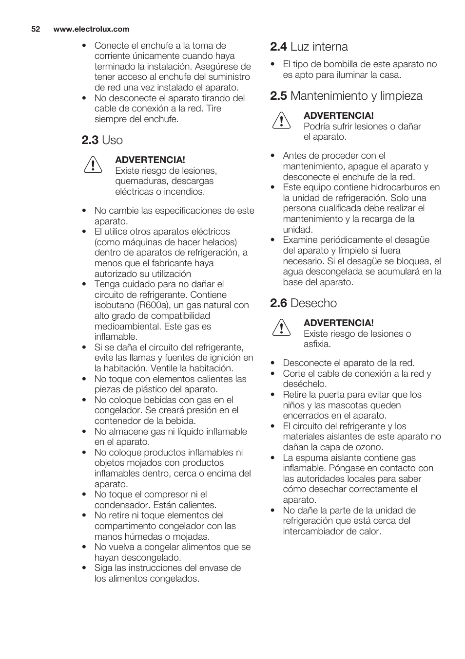 3 uso, 4 luz interna, 5 mantenimiento y limpieza | 6 desecho | Electrolux ERN2201FOW User Manual | Page 52 / 68