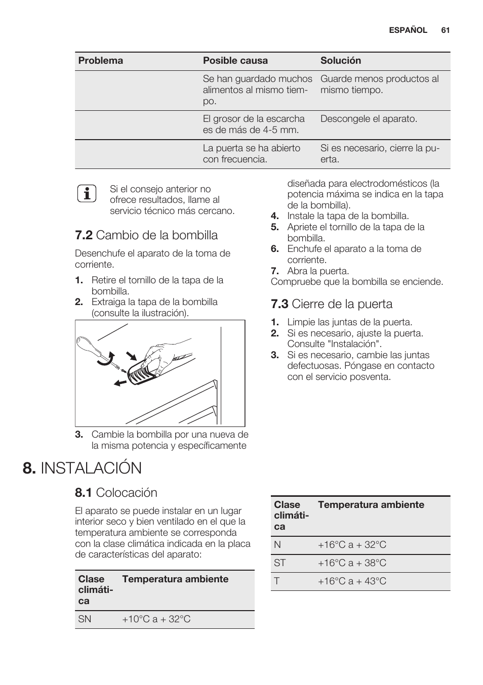 2 cambio de la bombilla, 3 cierre de la puerta, Instalación | 1 colocación | Electrolux ERN2201FOW User Manual | Page 61 / 68