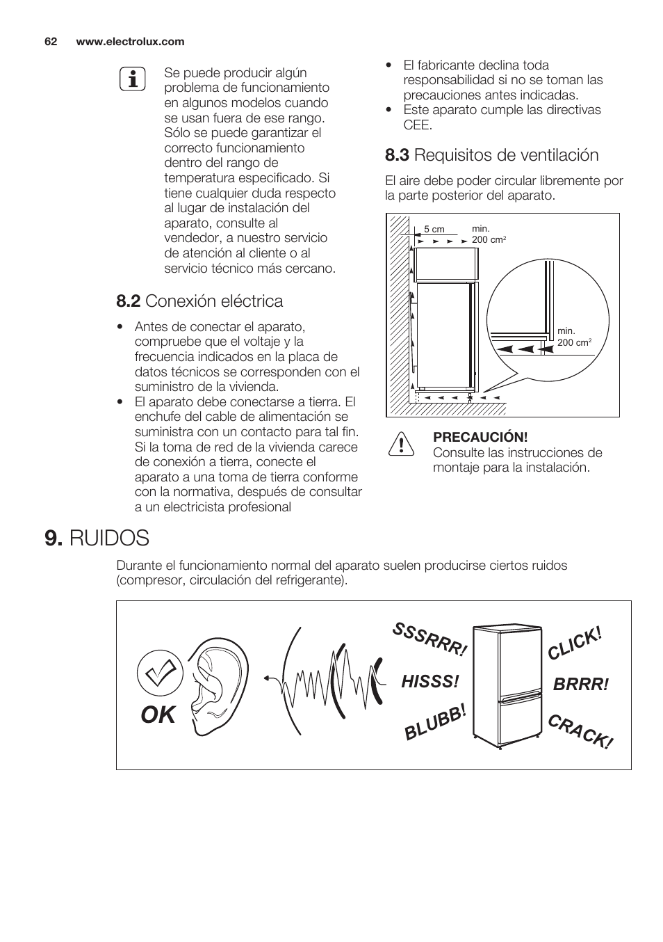 2 conexión eléctrica, 3 requisitos de ventilación, Ruidos | Brrr, Hisss! cl ic k! bl ub b! cr ac k! sssr r | Electrolux ERN2201FOW User Manual | Page 62 / 68