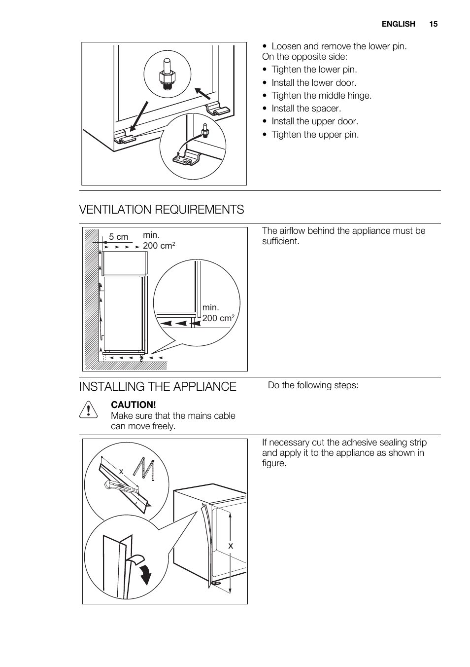 Ventilation requirements, Installing the appliance | Electrolux EJN2301AOW User Manual | Page 15 / 96