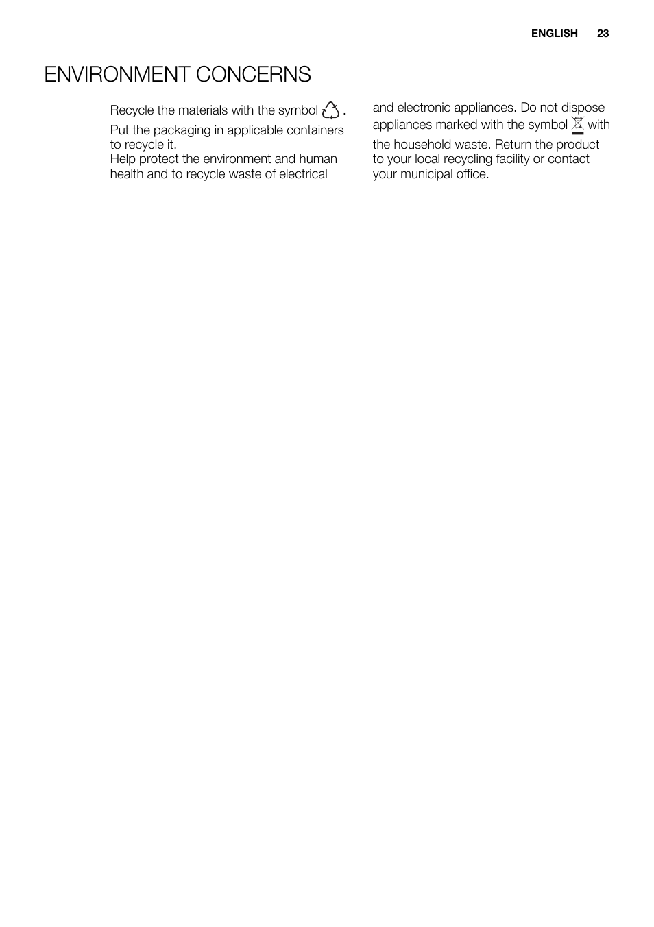 Environment concerns | Electrolux EJN2301AOW User Manual | Page 23 / 96