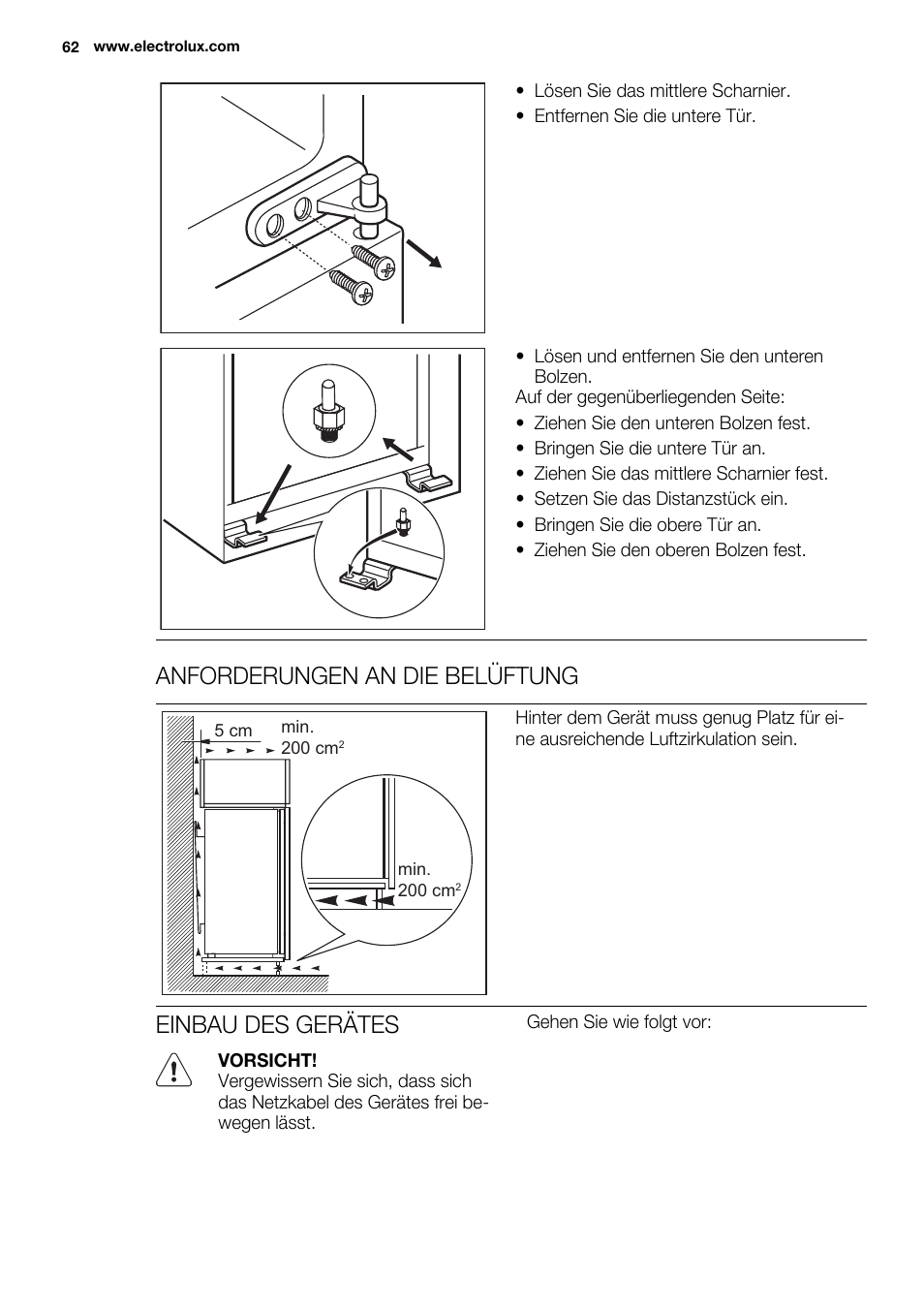 Anforderungen an die belüftung, Einbau des gerätes | Electrolux EJN2301AOW User Manual | Page 62 / 96