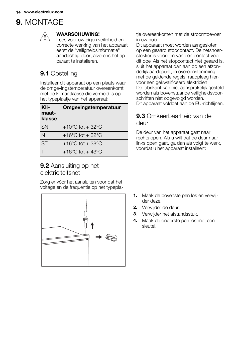 Montage, 1 opstelling, 2 aansluiting op het elektriciteitsnet | 3 omkeerbaarheid van de deur | Electrolux ERN1300FEW User Manual | Page 14 / 68
