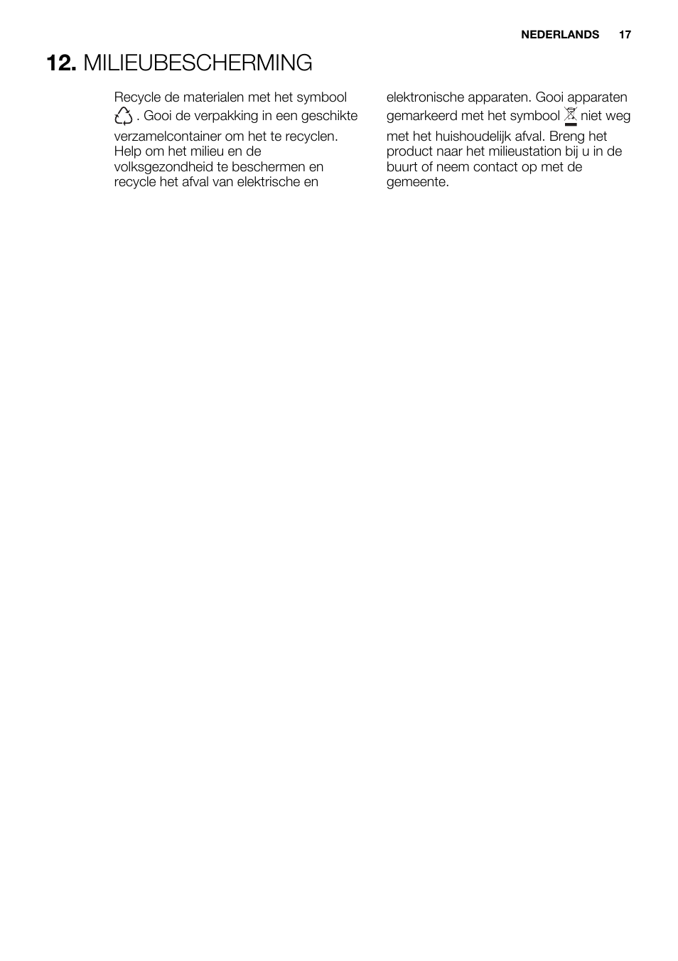 Milieubescherming | Electrolux ERN1300FEW User Manual | Page 17 / 68
