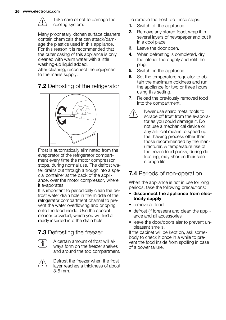 2 defrosting of the refrigerator, 3 defrosting the freezer, 4 periods of non-operation | Electrolux ERN1300FEW User Manual | Page 26 / 68