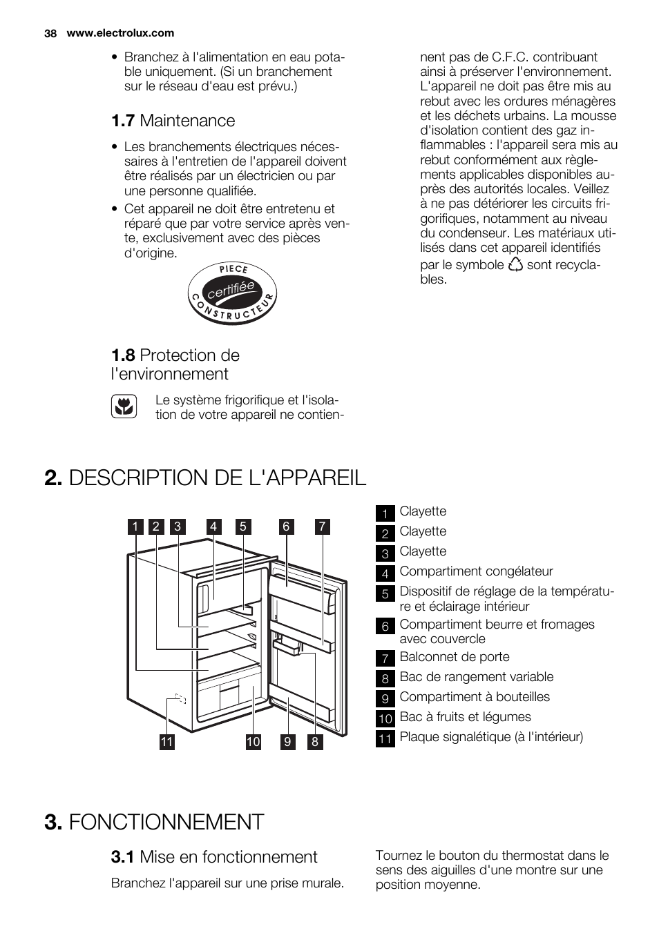 Description de l'appareil, Fonctionnement, 7 maintenance | 8 protection de l'environnement, 1 mise en fonctionnement | Electrolux ERN1300FEW User Manual | Page 38 / 68