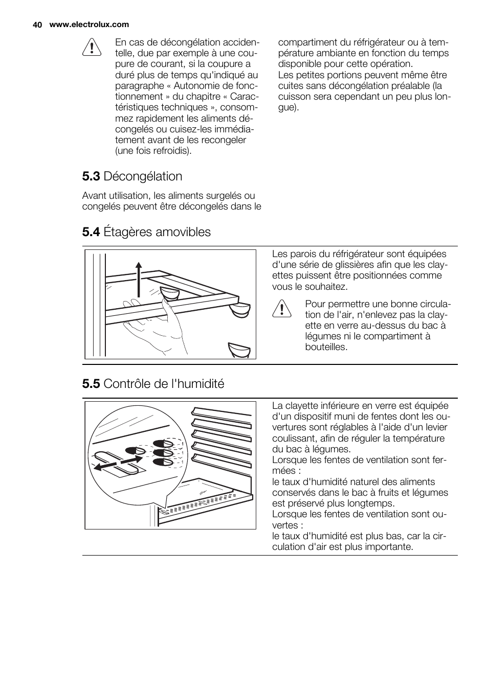 3 décongélation, 4 étagères amovibles, 5 contrôle de l'humidité | Electrolux ERN1300FEW User Manual | Page 40 / 68