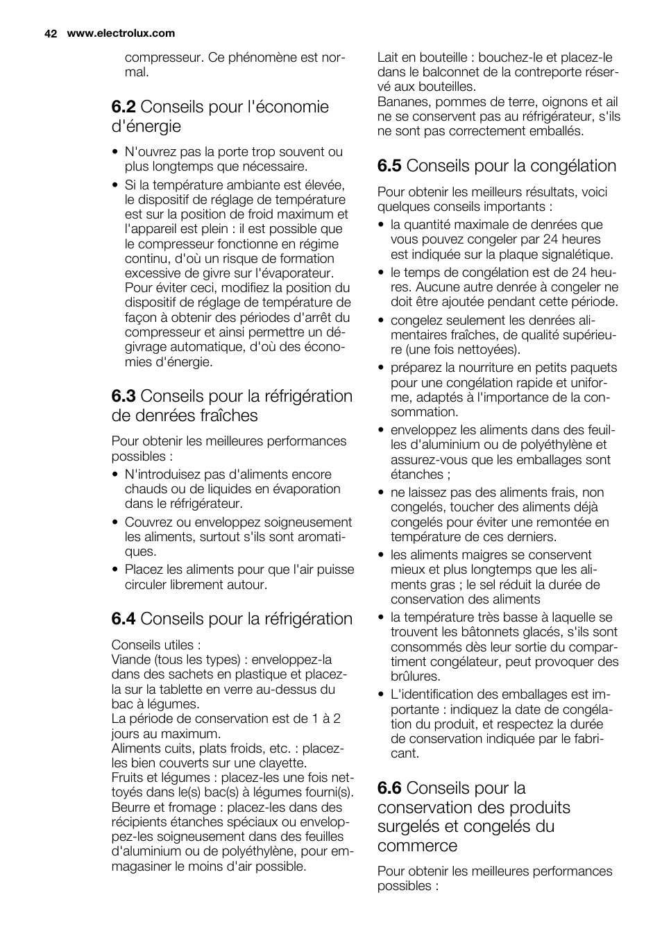 2 conseils pour l'économie d'énergie, 4 conseils pour la réfrigération, 5 conseils pour la congélation | Electrolux ERN1300FEW User Manual | Page 42 / 68