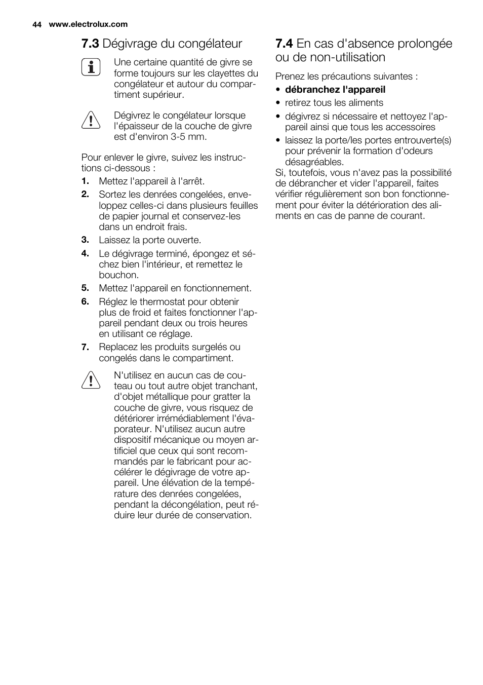3 dégivrage du congélateur, 4 en cas d'absence prolongée ou de non-utilisation | Electrolux ERN1300FEW User Manual | Page 44 / 68
