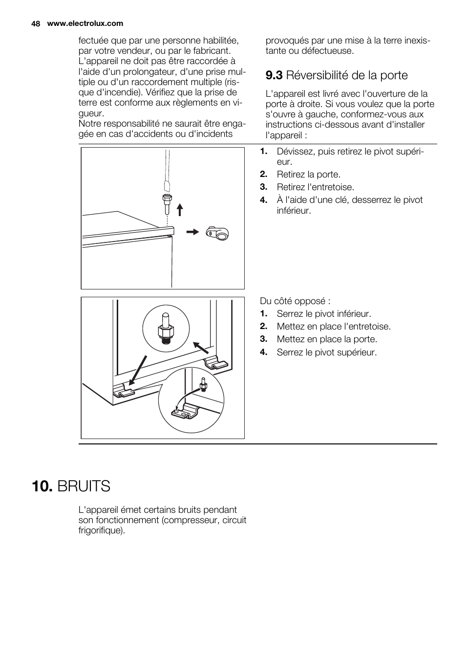 Bruits, 3 réversibilité de la porte | Electrolux ERN1300FEW User Manual | Page 48 / 68