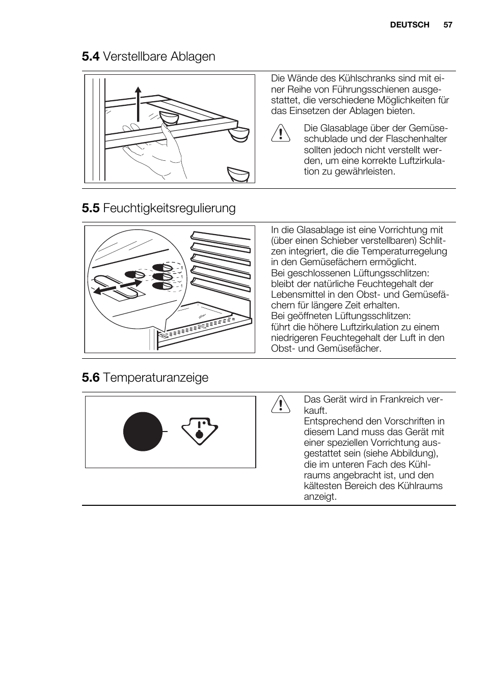 4 verstellbare ablagen, 5 feuchtigkeitsregulierung, 6 temperaturanzeige | Electrolux ERN1300FEW User Manual | Page 57 / 68