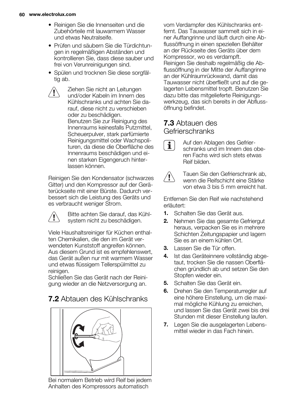 2 abtauen des kühlschranks, 3 abtauen des gefrierschranks | Electrolux ERN1300FEW User Manual | Page 60 / 68