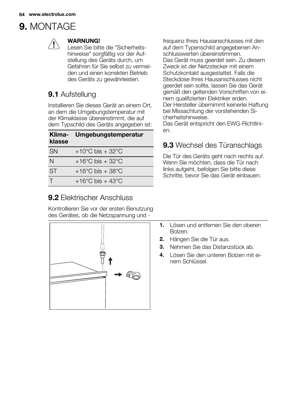 Montage, 1 aufstellung, 2 elektrischer anschluss | 3 wechsel des türanschlags | Electrolux ERN1300FEW User Manual | Page 64 / 68