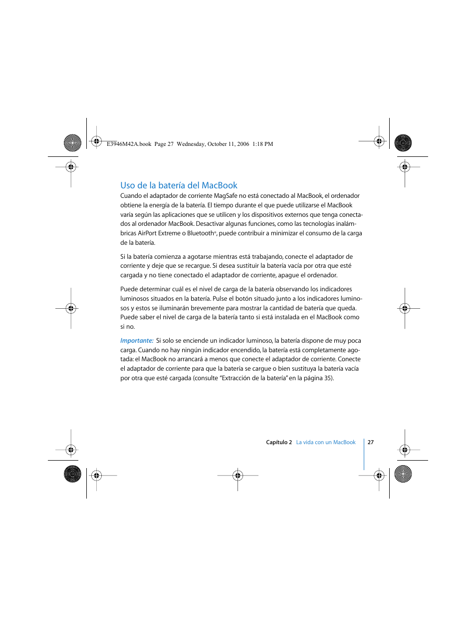 Uso de la batería del macbook | Apple MacBook (13 pulgadas, finales de 2006) User Manual | Page 27 / 76
