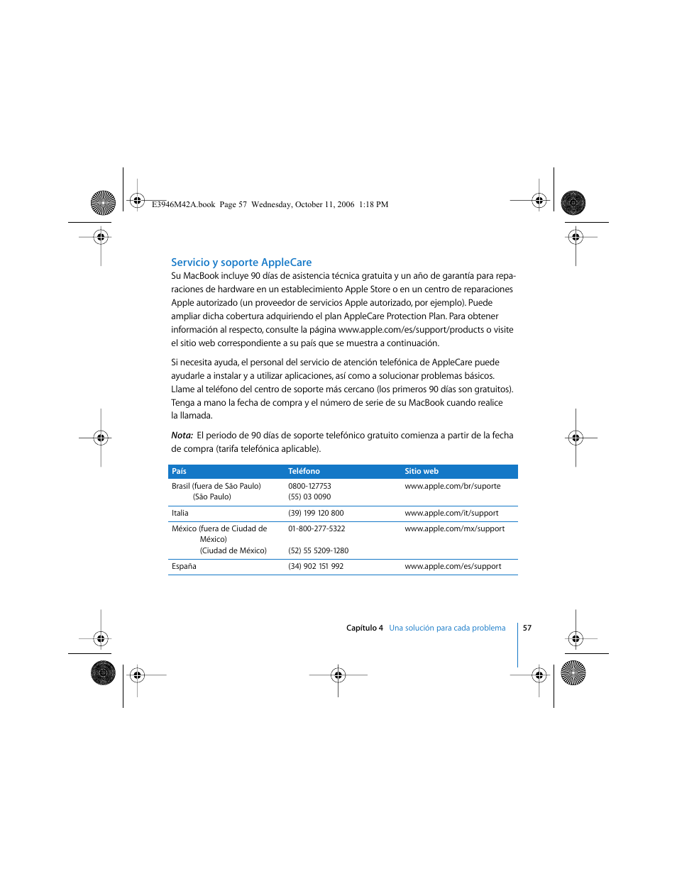 Servicio y soporte applecare | Apple MacBook (13 pulgadas, finales de 2006) User Manual | Page 57 / 76