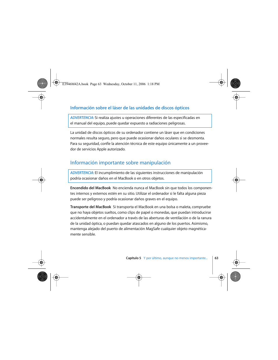 Información importante sobre manipulación | Apple MacBook (13 pulgadas, finales de 2006) User Manual | Page 63 / 76