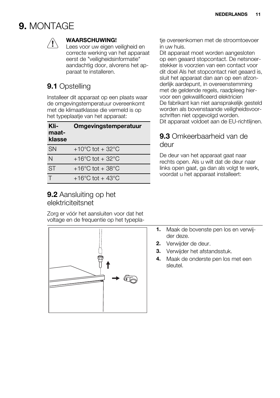 Montage, 1 opstelling, 2 aansluiting op het elektriciteitsnet | 3 omkeerbaarheid van de deur | Electrolux ERN1400AEW User Manual | Page 11 / 60