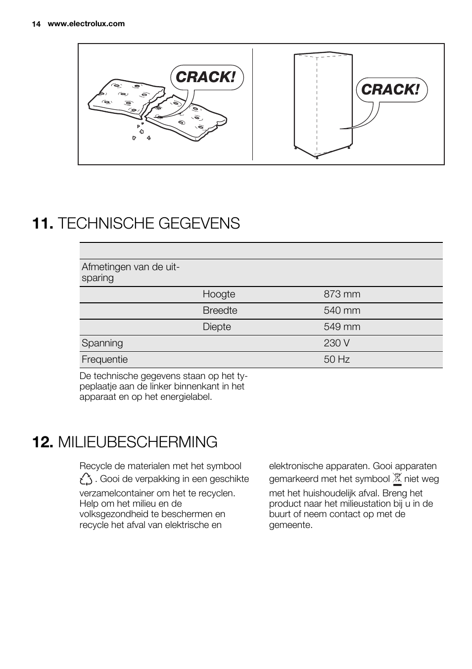 Technische gegevens, Milieubescherming, Crack | Electrolux ERN1400AEW User Manual | Page 14 / 60