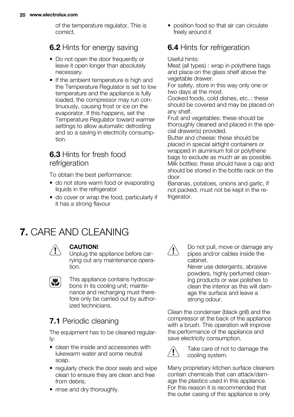 Care and cleaning, 2 hints for energy saving, 3 hints for fresh food refrigeration | 4 hints for refrigeration, 1 periodic cleaning | Electrolux ERN1400AEW User Manual | Page 20 / 60