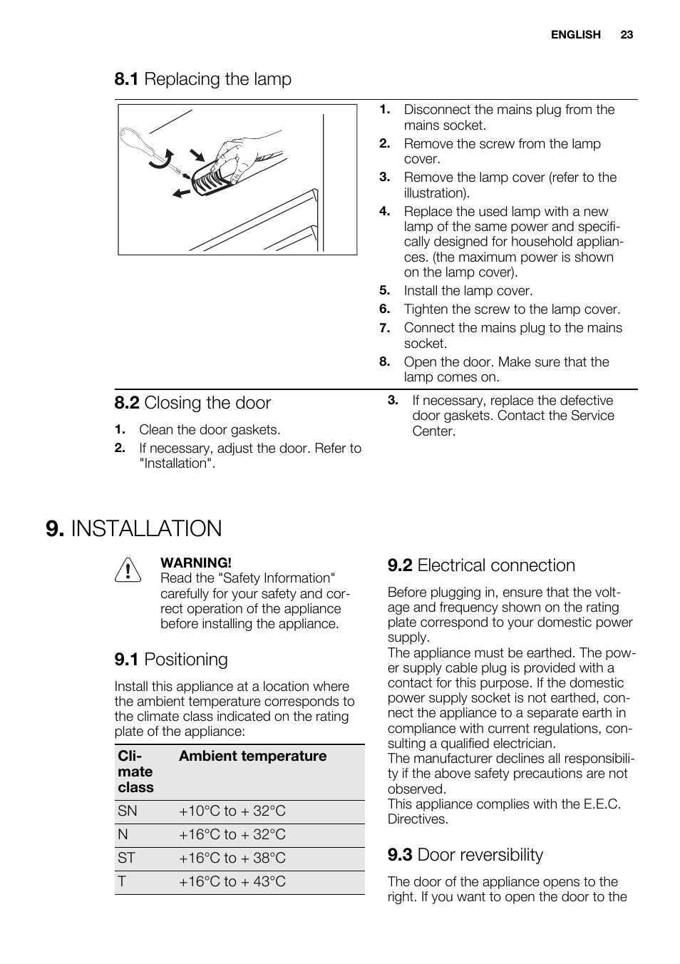 Installation, 1 replacing the lamp, 2 closing the door | 1 positioning, 2 electrical connection, 3 door reversibility | Electrolux ERN1400AEW User Manual | Page 23 / 60
