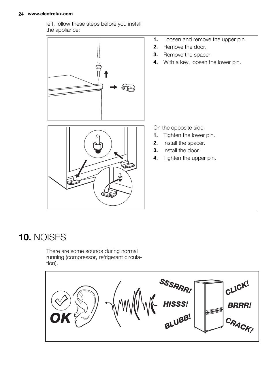 Noises, Brrr! hisss! click! blubb! crack! sssrrr | Electrolux ERN1400AEW User Manual | Page 24 / 60