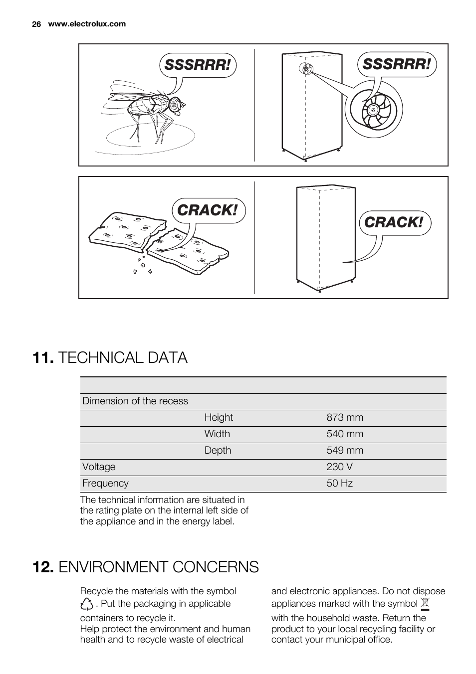Technical data, Environment concerns, Sssrrr | Crack | Electrolux ERN1400AEW User Manual | Page 26 / 60