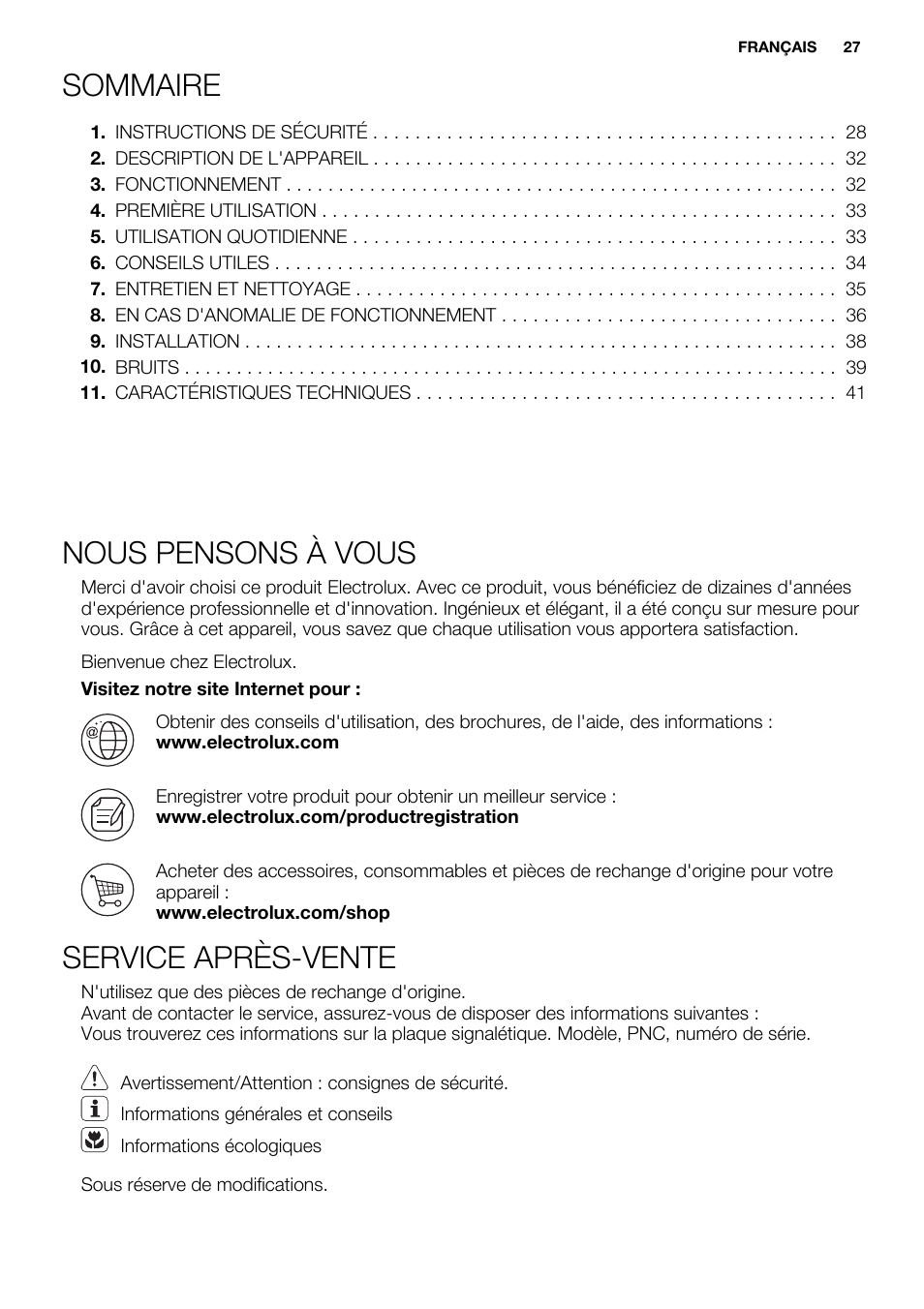 Sommaire, Nous pensons à vous, Service après-vente | Electrolux ERN1400AEW User Manual | Page 27 / 60