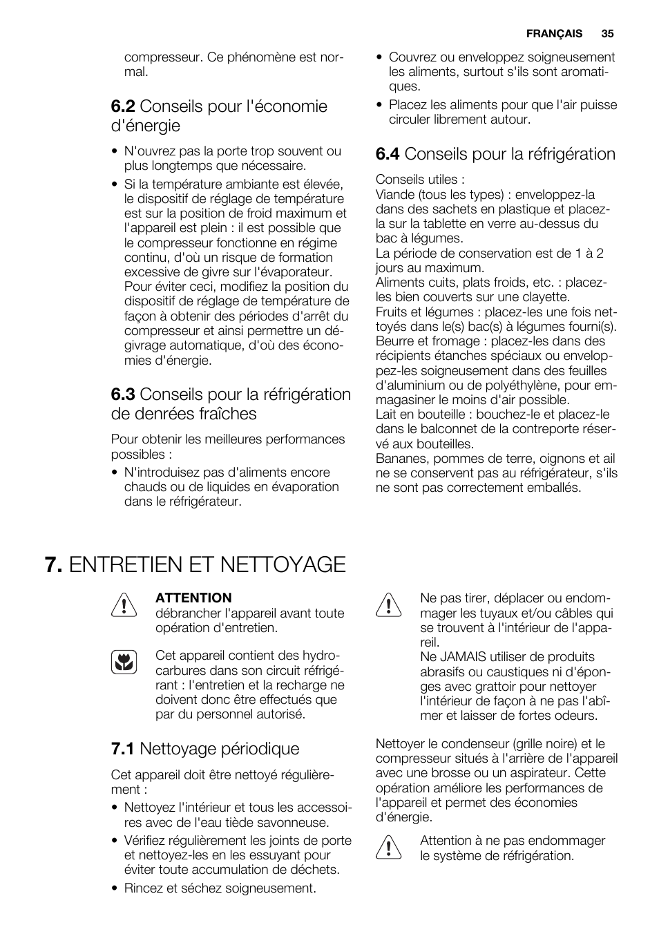 Entretien et nettoyage, 2 conseils pour l'économie d'énergie, 4 conseils pour la réfrigération | 1 nettoyage périodique | Electrolux ERN1400AEW User Manual | Page 35 / 60