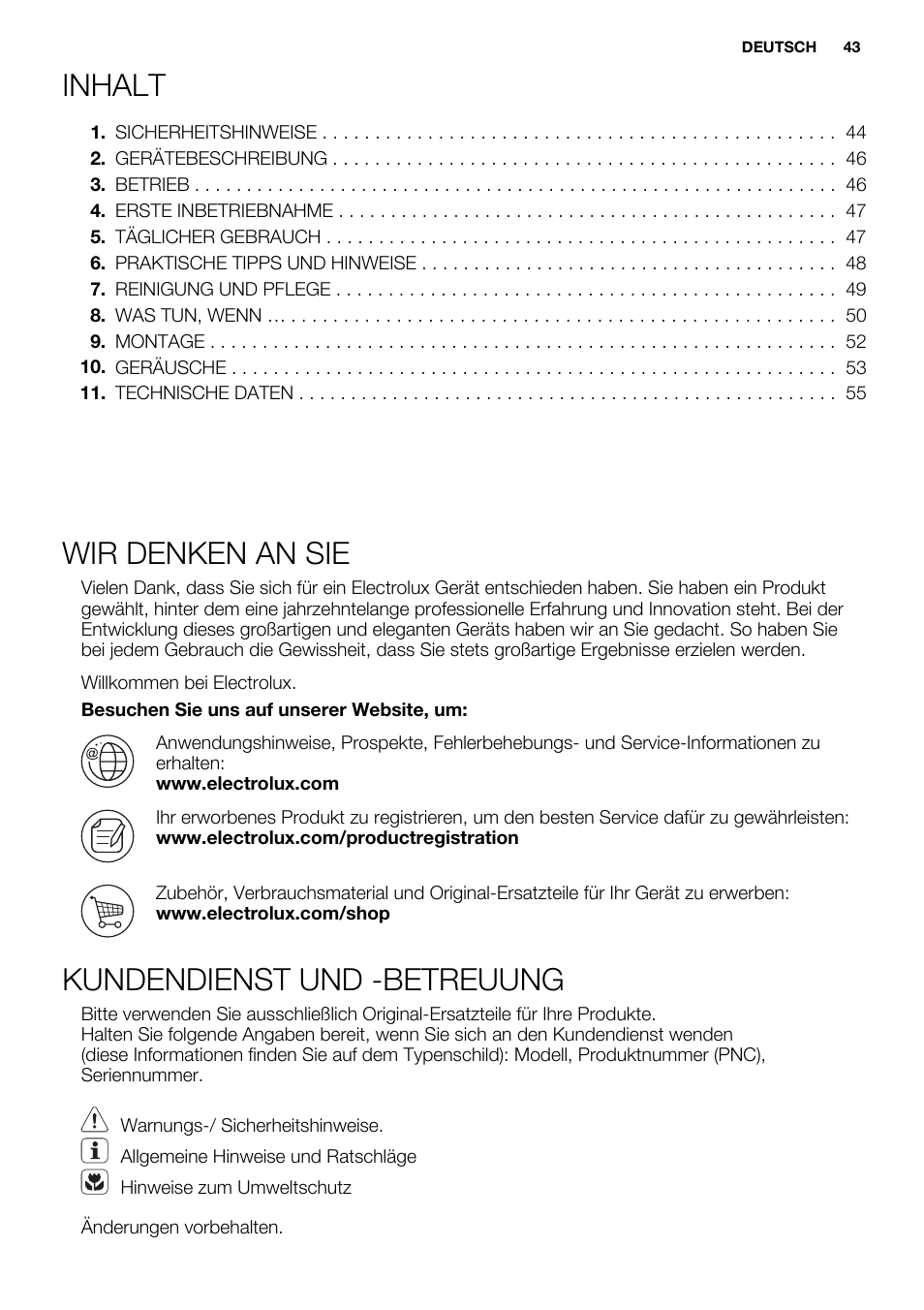 Inhalt, Wir denken an sie, Kundendienst und -betreuung | Electrolux ERN1400AEW User Manual | Page 43 / 60